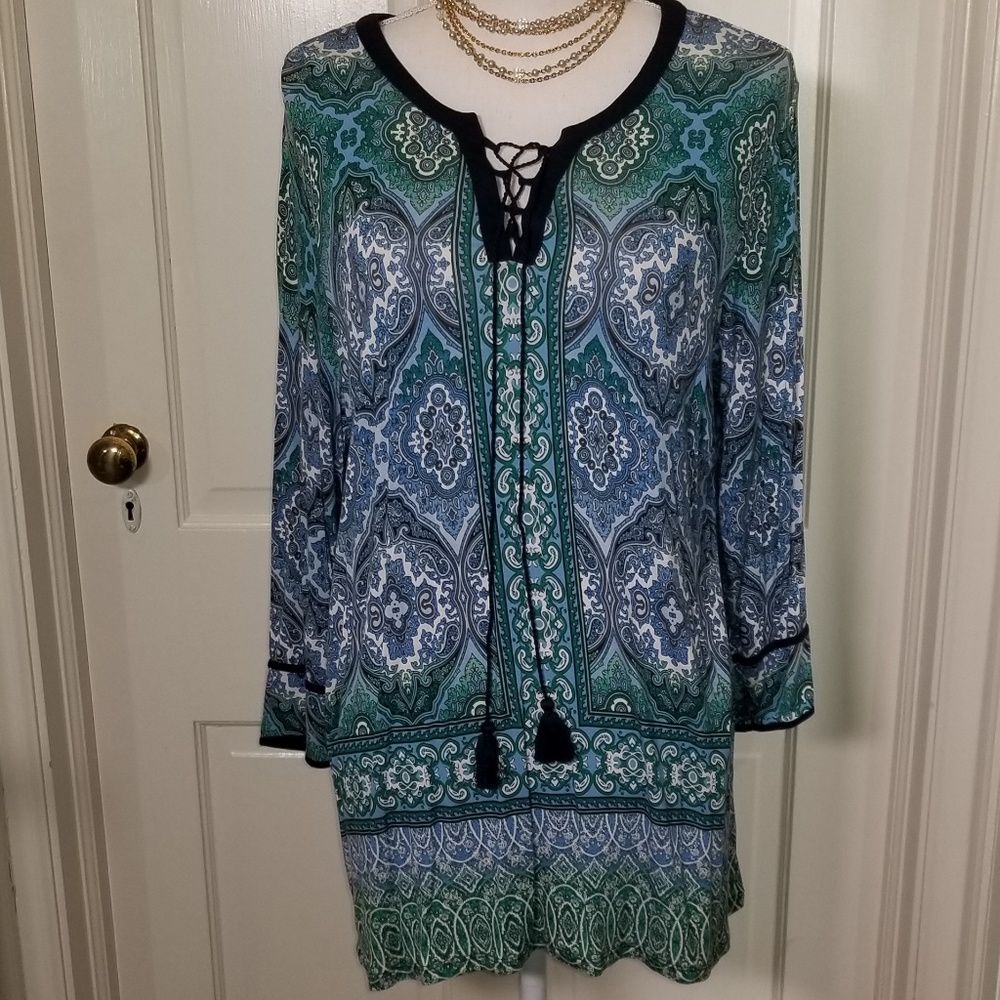 CB Boho Peasant Blouse w Black Cording Tassels EUC